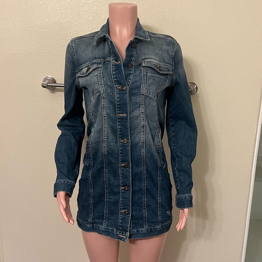 Denim Button-Up Long Jacket. Size S. Great Fit & Stretch.